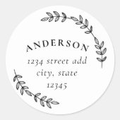 Elegant Laurel Wreath Familienname Rücksendeadress Runder Aufkleber (Vorderseite)