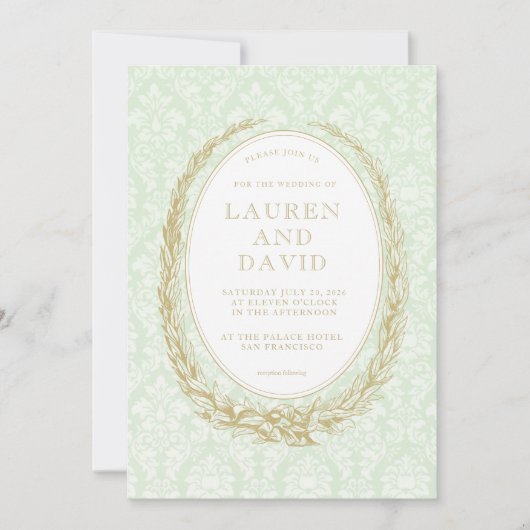Elegant Laurel Wreath | Green Damask Einladung (Vorderseite)