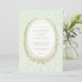 Elegant Laurel Wreath | Green Damask Einladung (Stehend Vorderseite)