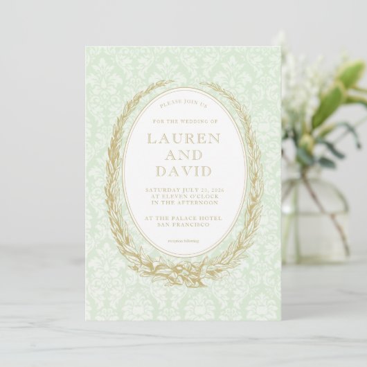 Elegant Laurel Wreath | Green Damask Einladung (Stehend Vorderseite)