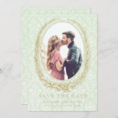 Elegant Laurel Wreath | Green Damask Foto Save The Date (Vorne/Hinten)