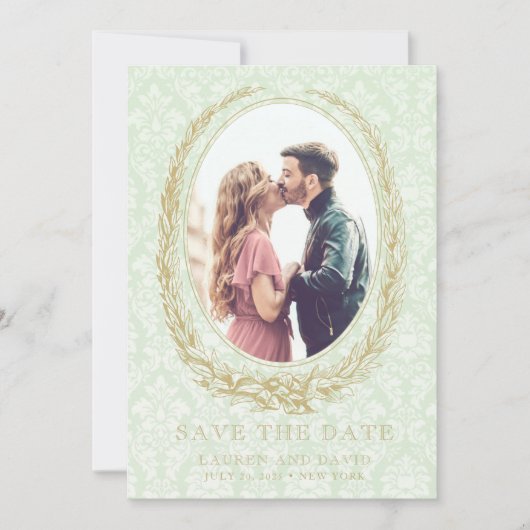 Elegant Laurel Wreath | Green Damask Foto Save The Date (Vorderseite)