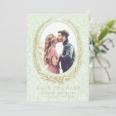 Elegant Laurel Wreath | Green Damask Foto Save The Date (Stehend Vorderseite)