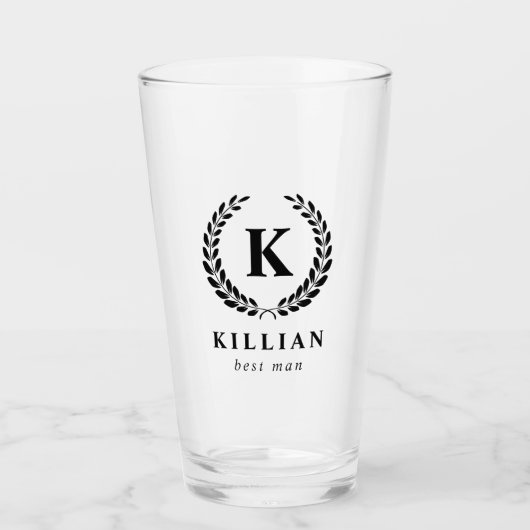 Elegant Laurel Wreath Monogram Trauzeuge Glas (Vorderseite)