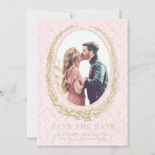Elegant Laurel Wreath | Rosa Damask-Foto Save The Date (Vorderseite)