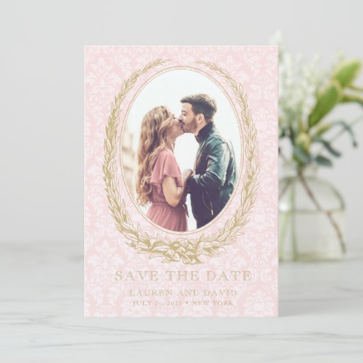 Elegant Laurel Wreath | Rosa Damask-Foto Save The Date (Stehend Vorderseite)