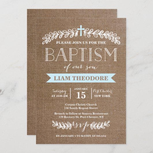 Elegant Laurels Blue | Tauflanung Einladung (Vorne/Hinten)