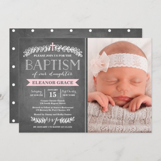 Elegant Laurels Pink | Tauflanung Einladung (Vorne/Hinten)