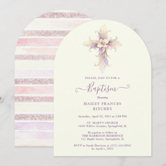 Elegant Lavender Blooms Cross Christian Baptism Einladung