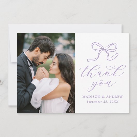 Elegant Lavender Bow Foto Wedding Dankeskarte (Vorderseite)
