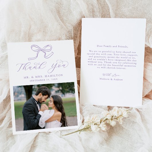 Elegant Lavender Bow Foto Wedding Dankeskarte