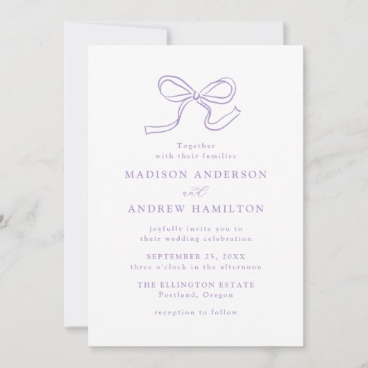 Elegant Lavender Bow Foto Wedding Einladung (Vorderseite)