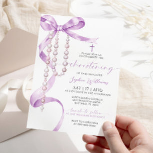 Elegant Lavender Bow & Rosary Christening Einladung