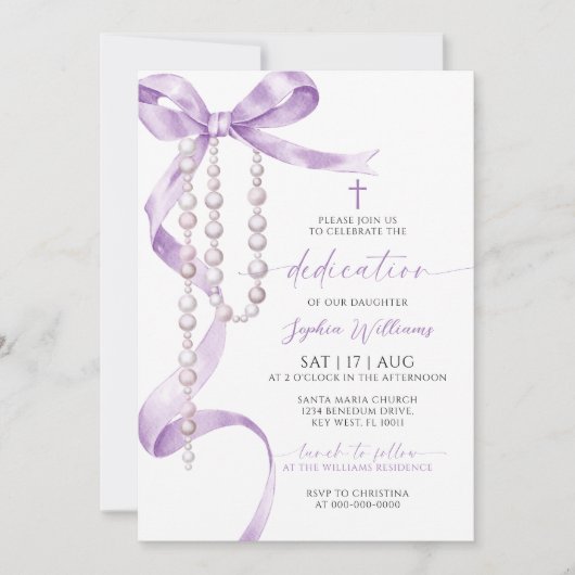 Elegant Lavender Bow & Rosary Dedication Einladung (Vorderseite)