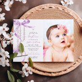 Elegant Lavender Bow & Rosary Foto Taufe Einladung