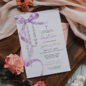 Elegant Lavender Bow & Rosary Taufe Einladung