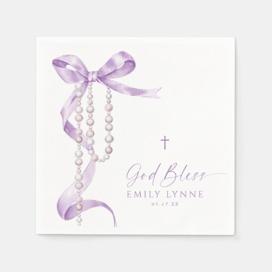 Elegant Lavender Bow & Rosary Taufe Serviette (Vorderseite)