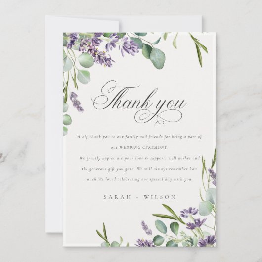 Elegant Lavender Eucalyptus Leafy Foliage Wedding Dankeskarte (Vorderseite)