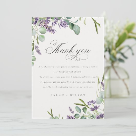 Elegant Lavender Eucalyptus Leafy Foliage Wedding Dankeskarte (Stehend Vorderseite)