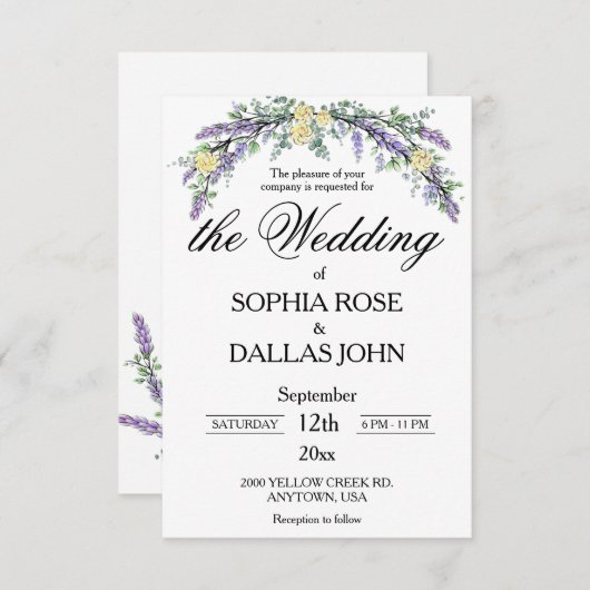 Elegant Lavender Eukalyptus Gelbe Rosen Hochzeit Einladung (Vorne/Hinten)