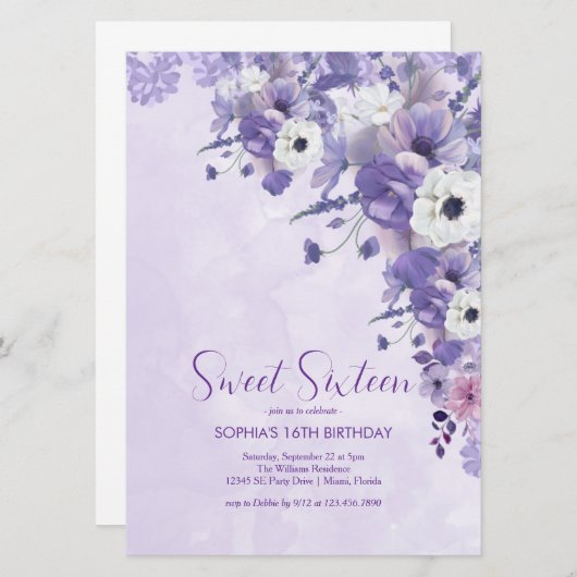 Elegant Lavender Floral 16 . Geburtstag Einladung (Vorne/Hinten)
