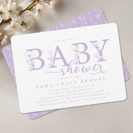 Elegant Lavender Floral Baby Shower Typography Einladung