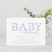 Elegant Lavender Floral Baby Shower Typography Einladung (Stehend Vorderseite)