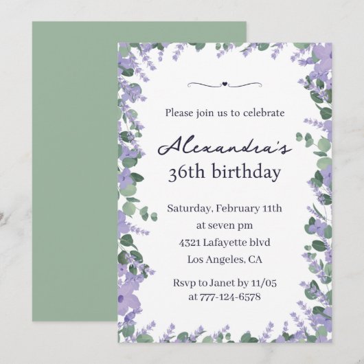 Elegant Lavender Floral Frame 36. Geburtstag Einladung (Vorne/Hinten)