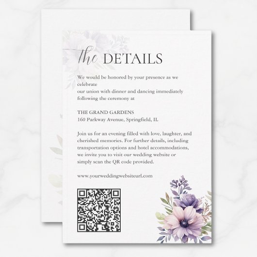 Elegant Lavender Floral Wedding Details QR Code  Begleitkarte