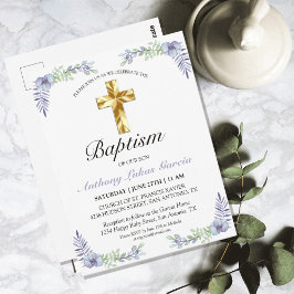 Elegant Lavender Gold Cross Baby Taufe Postkarte