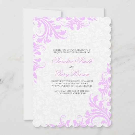 Elegant Lavender Lace White Damasks Wedding Einladung (Vorderseite)