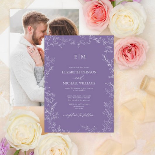 Elegant Lavender Leaf Foto Monogram Wedding Einladung