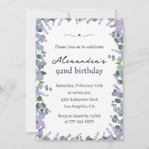 Elegant Lavender Lila Blumenrahmen 92. Geburtstag Einladung