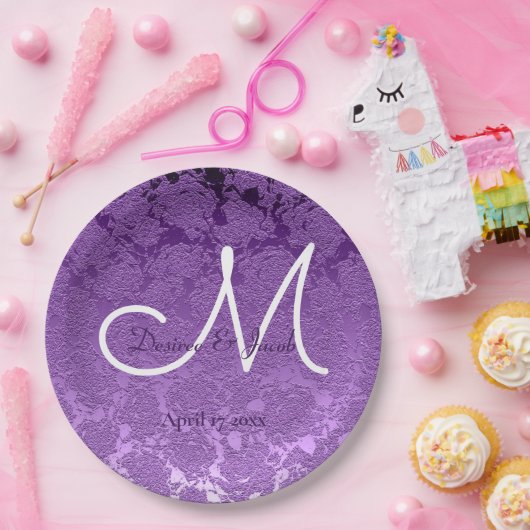 Elegant Lavender Lila White Wedding Monogram Pappteller (Party)