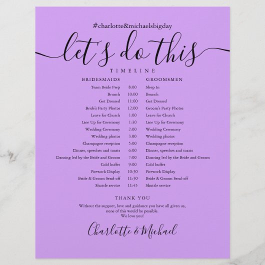 Elegant Lavender Lilac Wedding Zeitplan Timeline (Vorderseite)