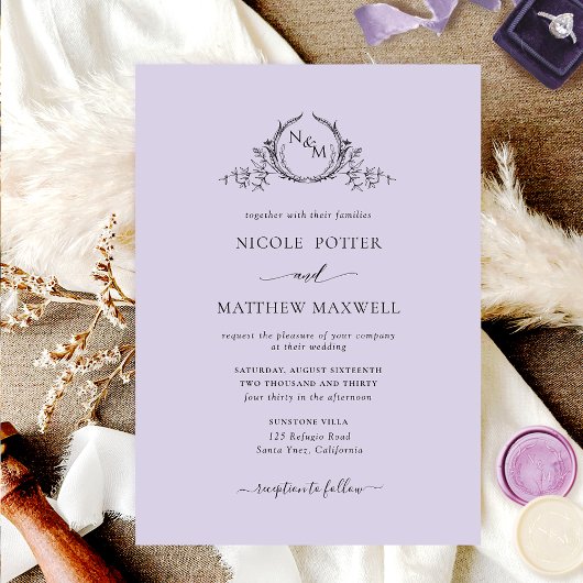 Elegant Lavender Monogram Wedding Einladung