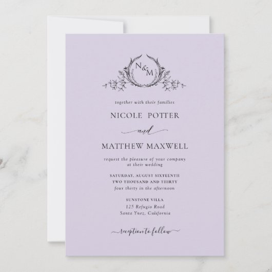 Elegant Lavender Monogram Wedding Einladung (Vorderseite)
