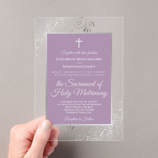 Elegant Lavender Purple & Silver Catholic Wedding Acryleinladungen (Insitu (Handheld))