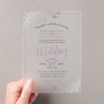 Elegant Lavender & Silver Calligraphy Wedding Acryleinladungen<br><div class="desc">These beautiful acrylic wedding invitations feature a design that is elegant,  classy,  stylish,  and glam with fancy lavender purple script calligraphy and delicate silver curls and swirls in the corners. Wonderful way to create a lasting impression and invite your guests to share in your joy on your special day!</div>