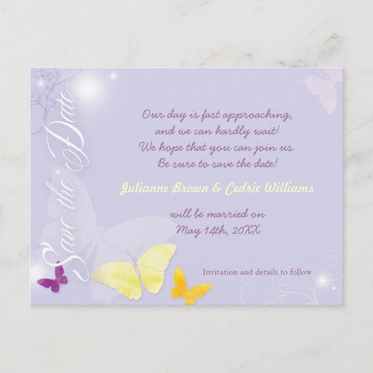 Elegant Lavender Wedding Save the Date Ankündigungspostkarte (Vorderseite)