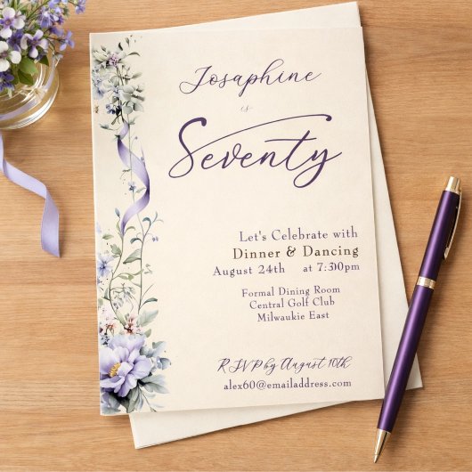 Elegant Lavender Wildflower Script 70th Birthday Einladung