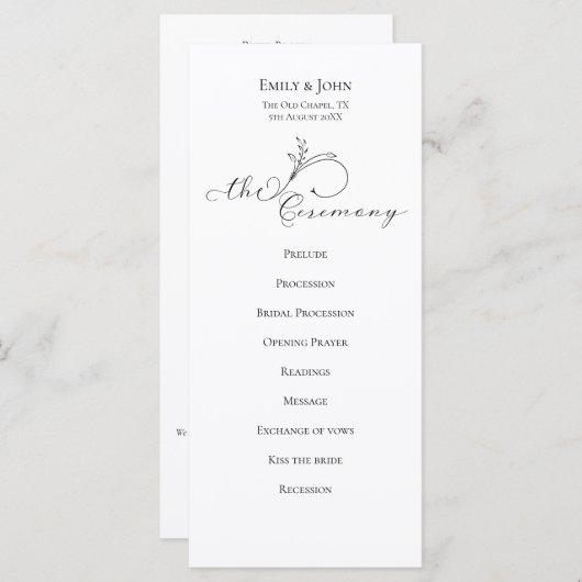 Elegant Leaf Black Script Typografy Wedding Programm (Vorne/Hinten)