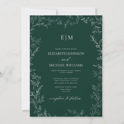 Elegant Leaf Emerald Green Monogram Wedding Einladung (Vorderseite)