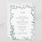 Elegant Leaf Emerald Green Monogram Wedding Einladung (Vorderseite)