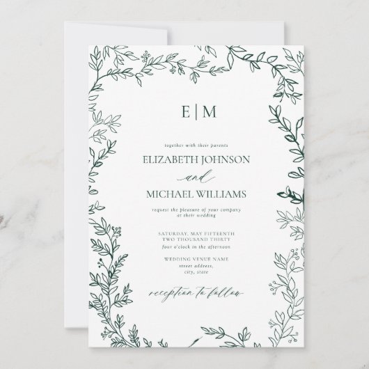 Elegant Leaf Emerald Green Monogram Wedding Einladung (Vorderseite)