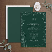 Elegant Leaf Emerald Green Monogram Wedding Einladung