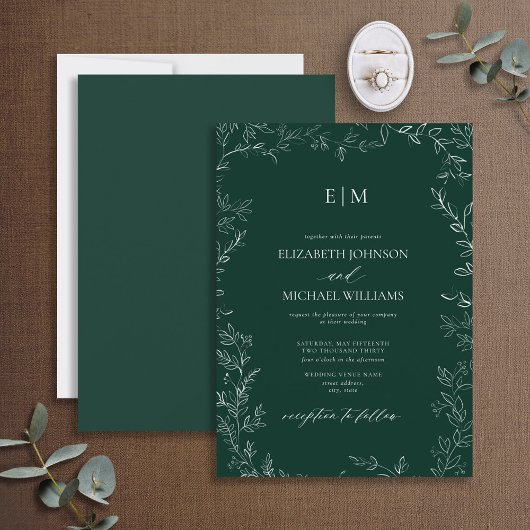 Elegant Leaf Emerald Green Monogram Wedding Einladung