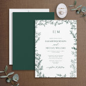 Elegant Leaf Emerald Green Monogram Wedding Einladung