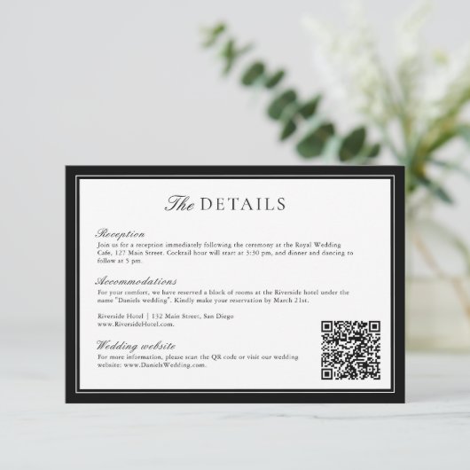 Elegant Leaf Monogram Wedding QR Code Details Begleitkarte (Stehend Vorderseite)