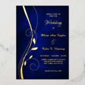 Elegant Leaf Swirl Deep Blue Wedding Folieneinladung (Vorderseite)